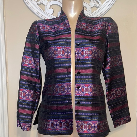 Talbots women’s 4 petite 4p small blazer jacket blouse Black pink pattern silk - Picture 1 of 10